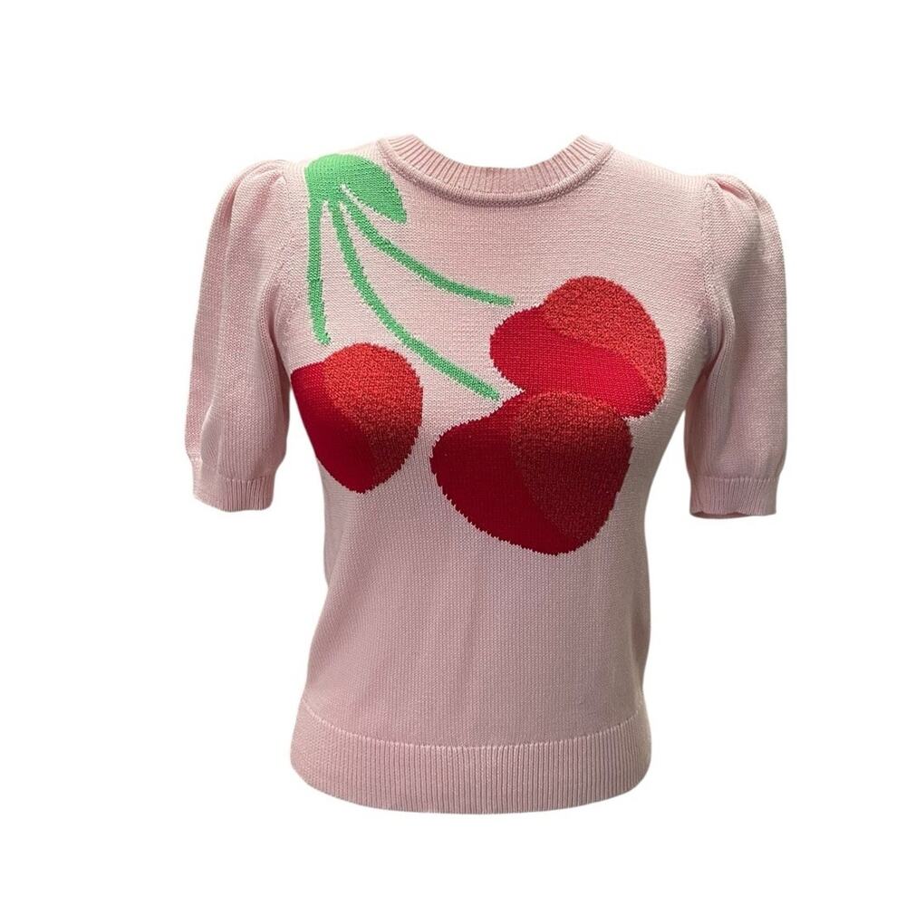 Kate Spade Cotton Knit Sweater Cherries Light Pink Puff Sleeve Size XXS